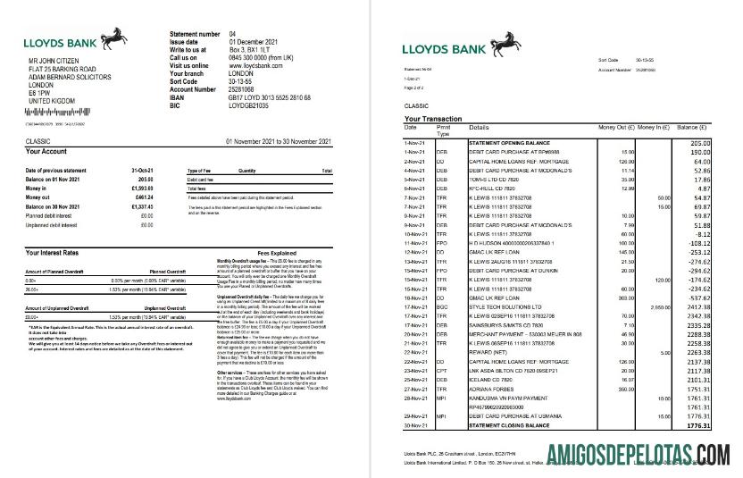 Modelo de extrato bancário Lloyds do Reino Unido para impressão em formato Excel e PDF (2 páginas)
